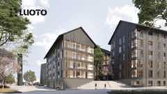 Havainnekuvassa on Collaboratorion suunnittelema tummanruskea, massiivirakenteinen puukerrostalokortteli Kuokkalan Kalon Jyväskylässä.