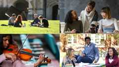 Collage of four photos from top left to bottom right: students listening to a professor on a lawn, a professor addressing two seated students in a classroom, a person playing a violin, three smiling students seated at a picnic table on the Vassar campus.
