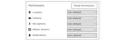 A mockup of a settings page that would allow a user to set or reset defaults for location, camera, microphone, motion sensors, and notifications permissions.