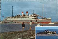 Postcard of Catala in her heyday as an Ocean Shores "boatel." Inset photo of the wreck.