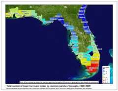 [Map of 1900-2009 Major Hurricane Strikes by U.S. counties/parishes (East Gulf)]