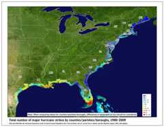[Map of 1900-2009 Major Hurricane Strikes by U.S. counties/parishes]