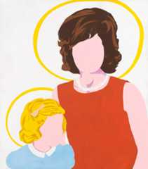 Stylized painting of two figures with halo-like yellow circles, one adult in red and a child in blue, both faceless.