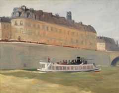 An impressionist-style painting depicting a river scene with a boat carrying passengers in the foreground and a row of European-style buildings in the background under a hazy sky. The artwork is signed "E. Hopper" in the lower right corner.