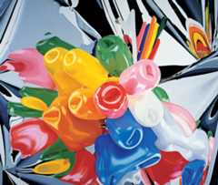 A brightly-colored abstract painting by Jeff Koons. Balloons against a silver backdrop.