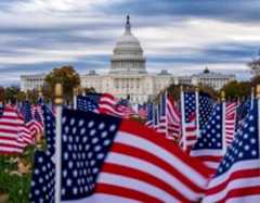 Miniature American flags flutter in wind gusts across the National Mall near the Capitol in Washington, Monday, Nov. 10, 2025.