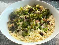 Lemony roasted broccoli and garlic orzo salad with spring chives. (Kathy Gunst/Here & Now)