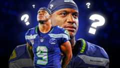 2 pictures of Seahawks RB Kenneth Walker with question marks around it