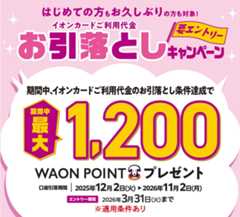 はじめての方もお久しぶりの方も対象! イオンカードご利用代金お引落としキャンペーン<要エントリー> 期間中、イオンカードご利用代金のお引落とし条件達成で期間中最大1,200WAON POINTプレゼント 口座引落期間:2025年12月2日(火)~2026年11月2日(月) エントリー期間:2026年3月31日(火)まで ※適用条件あり