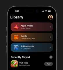 Image of the Library tab in Apple Games displayed on iPhone 17 Pro