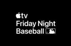 Apple TV logo, text reads Friday Night Baseball, Major League Baseball logo