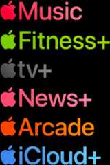 Apple subscription services logotypes including Apple Music, Fitness+, Apple TV+, Apple News+, Apple Arcade, iCloud+