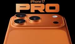 iPhone 17 Pro, cosmic orange finish, partial back exterior, pro camera system in top left corner, 3 lenses, microphone, flash