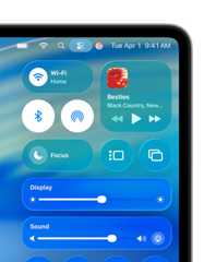 Right side of Mac screen showing Liquid Glass custom controls, like Wi-Fi and Bluetooth, in Control Center