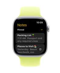 Apple Watch Series 11, face shows Notes app, with two Pinned notes