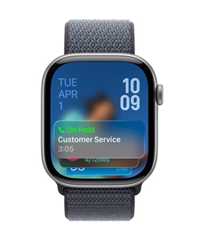 Apple Watch in Space Gray with Gray Band, Face shows Hold assist notification at bottom, date on top left, time numerals stacked at top right