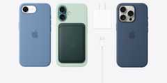 iPhone 16e 等 iPhone 16 系列产品搭配多款硅胶保护壳等配件，还包括 20W USB-C 电源适配器和 60W USB-C 充电线。