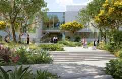 rendering of new Vero Beach MA building front view showing native plantings and facade