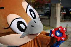 ミャクミャクのぬいぐるみを見つめるもずやん=2025年11月21日、大阪市中央区、内海日和撮影