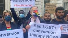 Peter protesting outside the Cabinet Office in 2021 campaigning for a conversion therapy ban