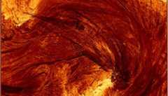 A close up image of the Sun with an orange wave-like structure in th middle and bright yellow sections above and below ir. It is covered in dark lines indicating the direction of the wave.
