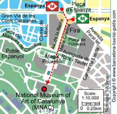 Poloha MNAC k nejbližší zastávce metra. Klikněte pro zvětšené zobrazení této mapy