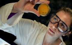 A scientist looking up examining a petri dish
