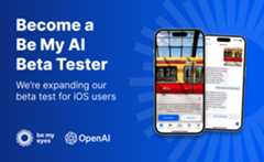 Join the cutting-edge world of "Be My AI" by becoming a beta tester. Experience the innovative app interfaces on two sleek iPhones, featuring prominent logos from Be My Eyes and OpenAI. Dive into a future where technology meets accessibility, and be part of something revolutionary!.