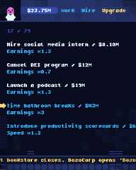 The upgrades screen showing some upgrades, and with the news ticker at the bottom