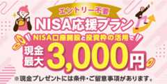 NISA応援プラン　NISA口座開設と投資枠の活用で現金最大3,000円　※現金プレゼントには条件・ご留意事項があります。