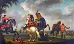 British and French cavalry in combat at the Battle of Warburg on 31st July 1760 during the Seven Years War