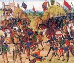 Battle of Creçy on 26th August 1346 in the Hundred Years War: Froissart’s magnificent representation more imaginative than accurate: click here to buy this picture