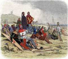 English knights awaiting the French attack at the Battle of Creçy on 26th August 1346 in the Hundred Years War: click here to buy this picture