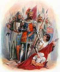 The Black Prince finds the banner of King John of Bohemia after the Battle of Creçy on 26th August 1346 in the Hundred Years War and adopts his emblem of the three white feathers, still the emblem of the Prince of Wales: click here to buy this picture