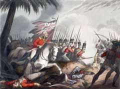 General Arthur Wellesley, later the Duke of Wellington, leading the British attack at the Battle of Assaye on 23rd September 1803 in the Second Mahratta War in India: picture by William Heath
