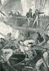 Royal Navy guns in action at the Battle of Cape St Vincent on 14th February 1797 in the Napoleonic Wars: picture by E.S. Hodgson