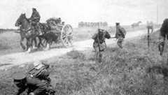 British soldiers of the Middlesex Regiment under shrapnel fire during the Battle of the Marne, fought from 6th to 9th September 1914, during the First World War