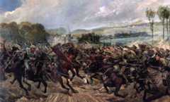 Lieutenant Colonel Campbell charging the German squadron with his troop of 9th Lancers, on 7th September 1914, during the Battle of the Marne, fought from 6th to 9th September 1914, during the First World War: picture by Richard Caton Woodville