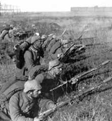 German infantry awaiting an attack during the Battle of the Marne, fought from 6th to 9th September 1914, during the First World War