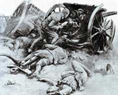 British 18 pounder in action in France 1914: Battle of the Marne, fought from 6th to 9th September 1914, during the First World War