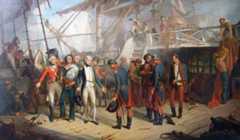 Nelson accepting the surrender of the San Josef at the Battle of Cape St Vincent on 14th February 1797 in the Napoleonic Wars