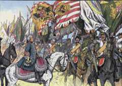 Bayreuth Dragoons parade captured Austrian colours before Frederick the Great after the Battle of Hohenfriedberg 4th June 1745 in the Second Silesian War: Picture by Richard Knötel