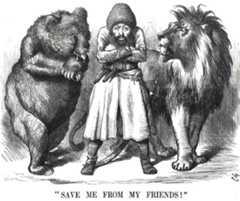 Cartoon showing Sher Ali, the Amir of Afghanistan, between the Russian Bear and the British Lion: Battle of Ali Masjid on 21st November 1878 in the Second Afghan War