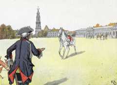 Frederick the Great greeting the Mollwitz Grey in later life: Battle of Mollwitz fought on 10th April 1745 in the First Silesian War: picture by Richard Knötel