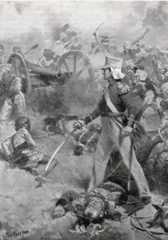 Brigadier Pennycuick's body defended by his son at the Battle of Chillianwallah on 13th January 1849 during the Second Sikh War: picture by Wal Paget