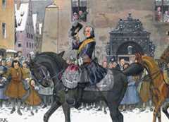Frederick II King of Prussia enters Breslau, the capital city of Silesia after the Battle of Mollwitz fought on 10th April 1745 in the First Silesian War: picture by Richard Knötel