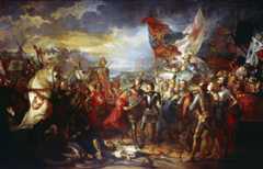King Edward III greeting the Black Prince after the Battle of Creçy on 26th August 1346 in the Hundred Years War: picture by Benjamin West