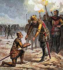 King Edward III greets the Black Prince after the Battle of Creçy on 26th August 1346 in the Hundred Years War