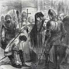King Edward III knighting the Black Prince after the Battle of Creçy on 26th August 1346 in the Hundred Years War