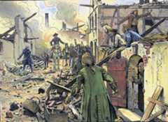 Frederick the Great inspects the damage in the town of Küstrin inflicted by the Russian Cossacks before the Battle of Zorndorf 25th August 1758 in the Seven Years War: picture by Carl Röhling